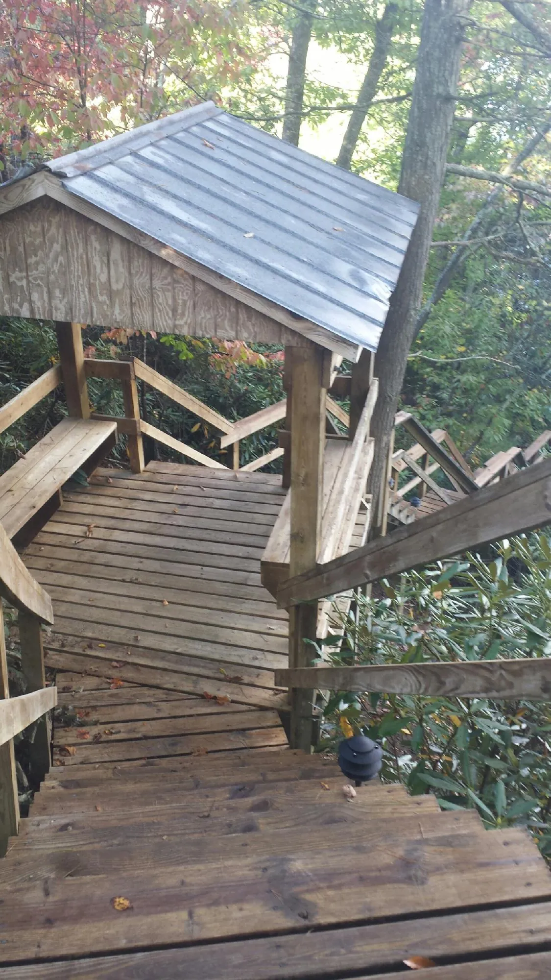 Metal roofed shelter over wooden steps on a wooded walkway — Skylight Repair & Installation work by our crew in Searsboro